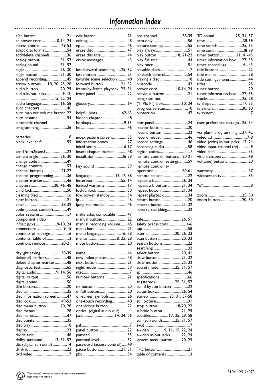 Information index | Philips DVDR100099 User Manual | Page 68 / 68