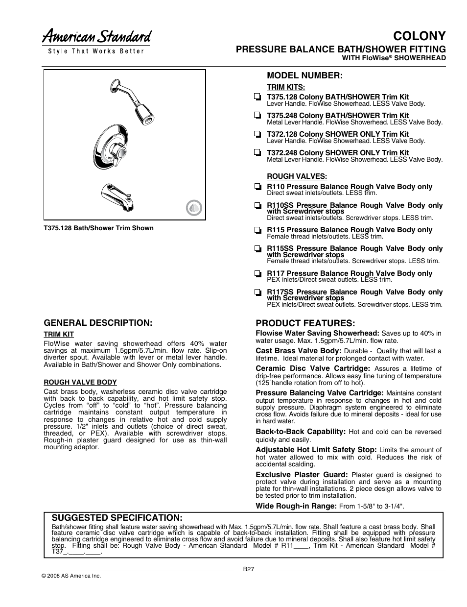 American Standard Colony Pressure Balance Bath/Shower Fitting T372.128 User Manual | 7 pages