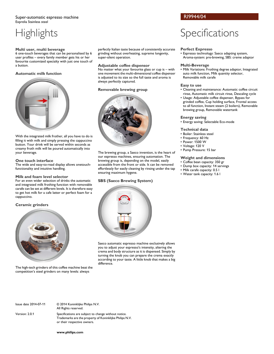 Highlights, Specifications | Philips RI9944-04 User Manual | Page 2 / 2