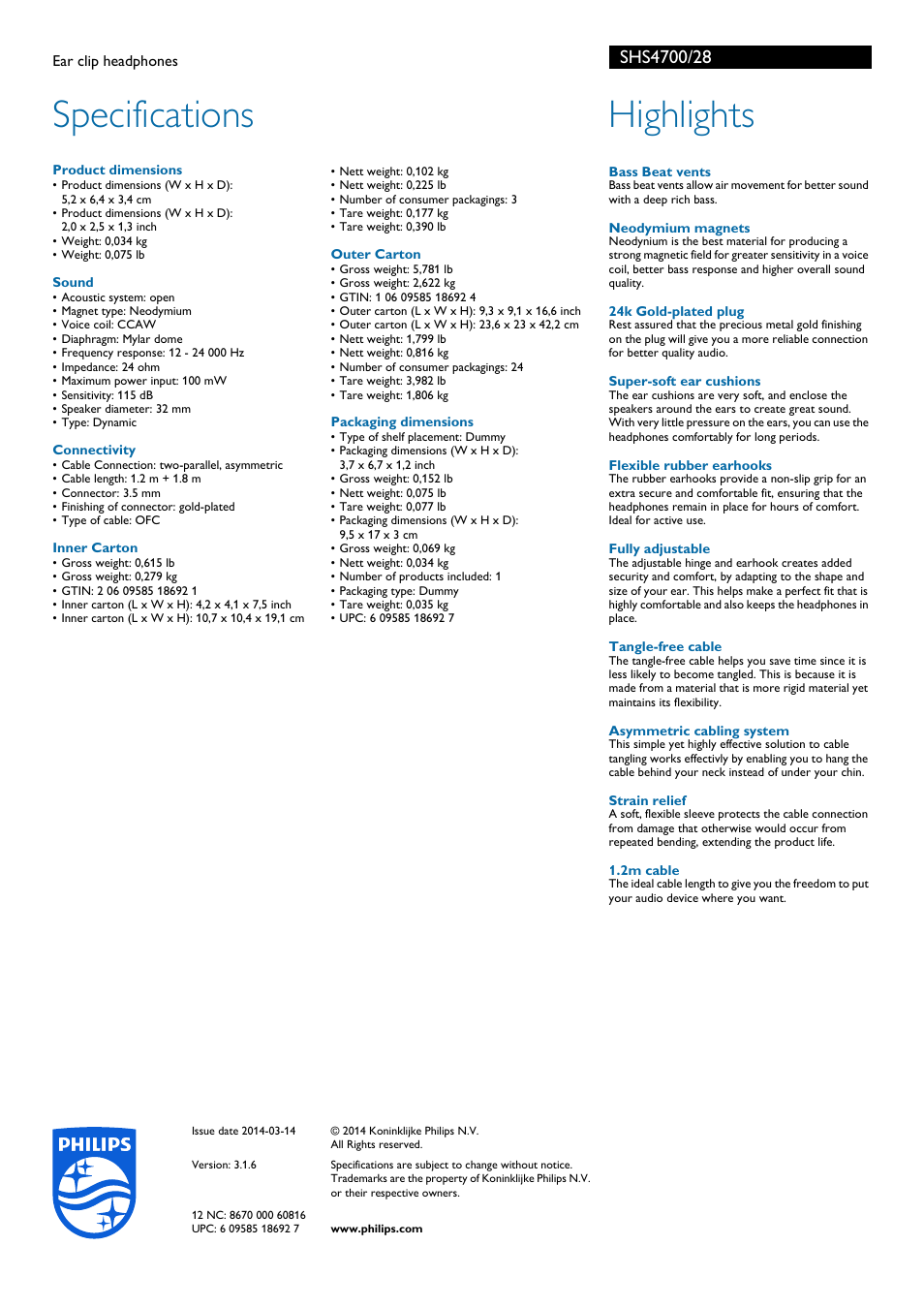 Specifications, Highlights | Philips SHS4700-28 User Manual | Page 2 / 2