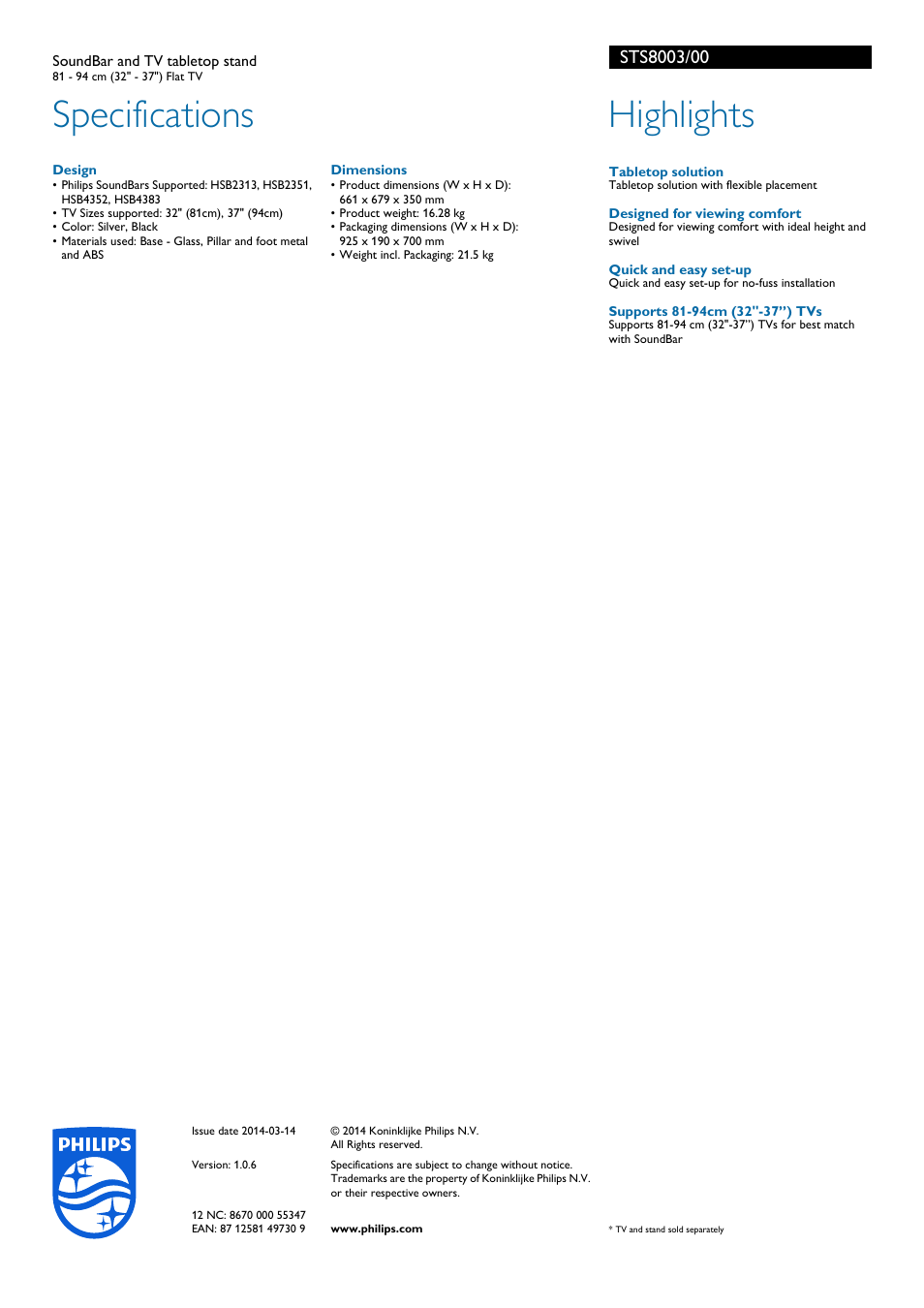 Specifications, Highlights | Philips STS8003-00 User Manual | Page 2 / 2