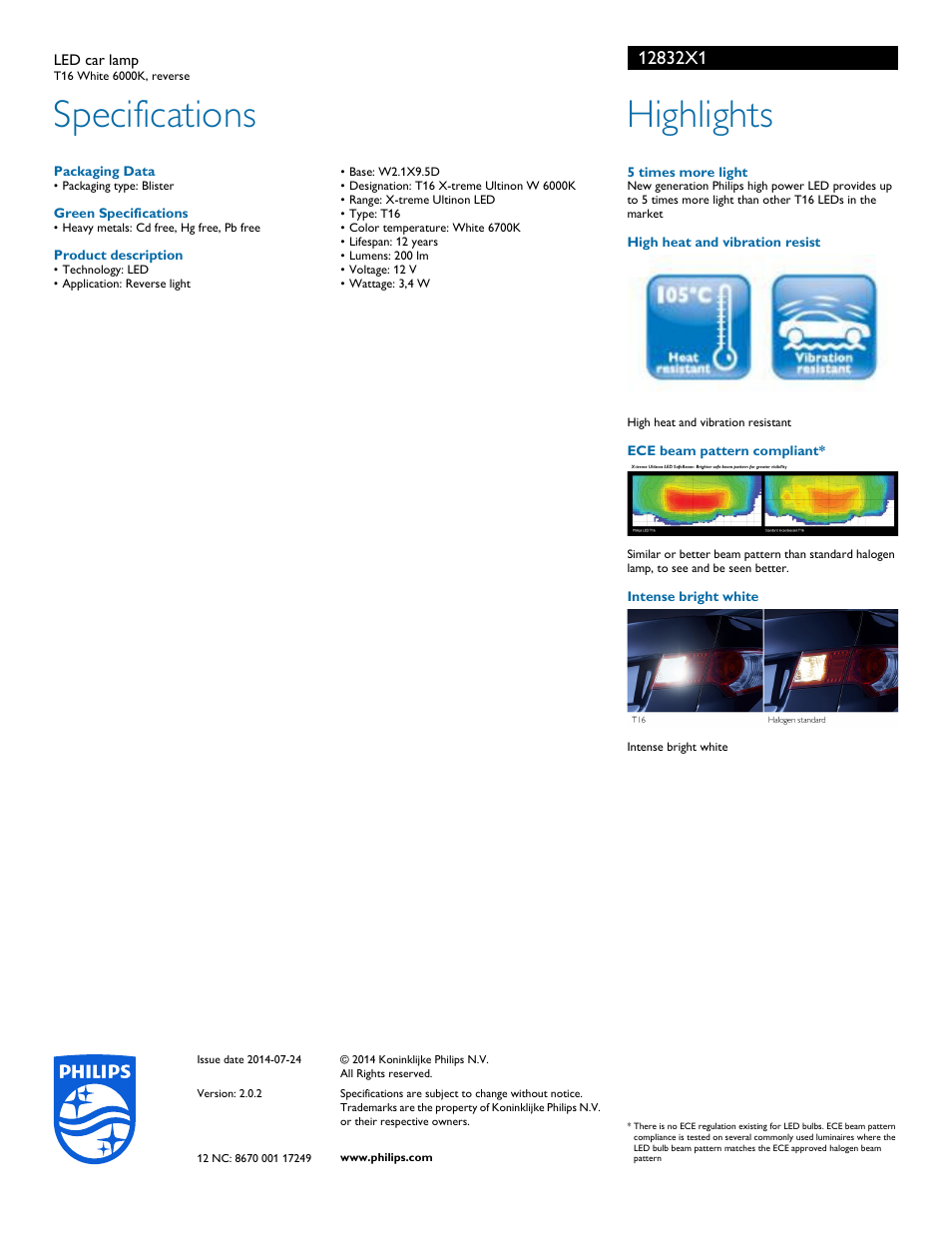 Specifications, Highlights | Philips 12832X1 User Manual | Page 2 / 2