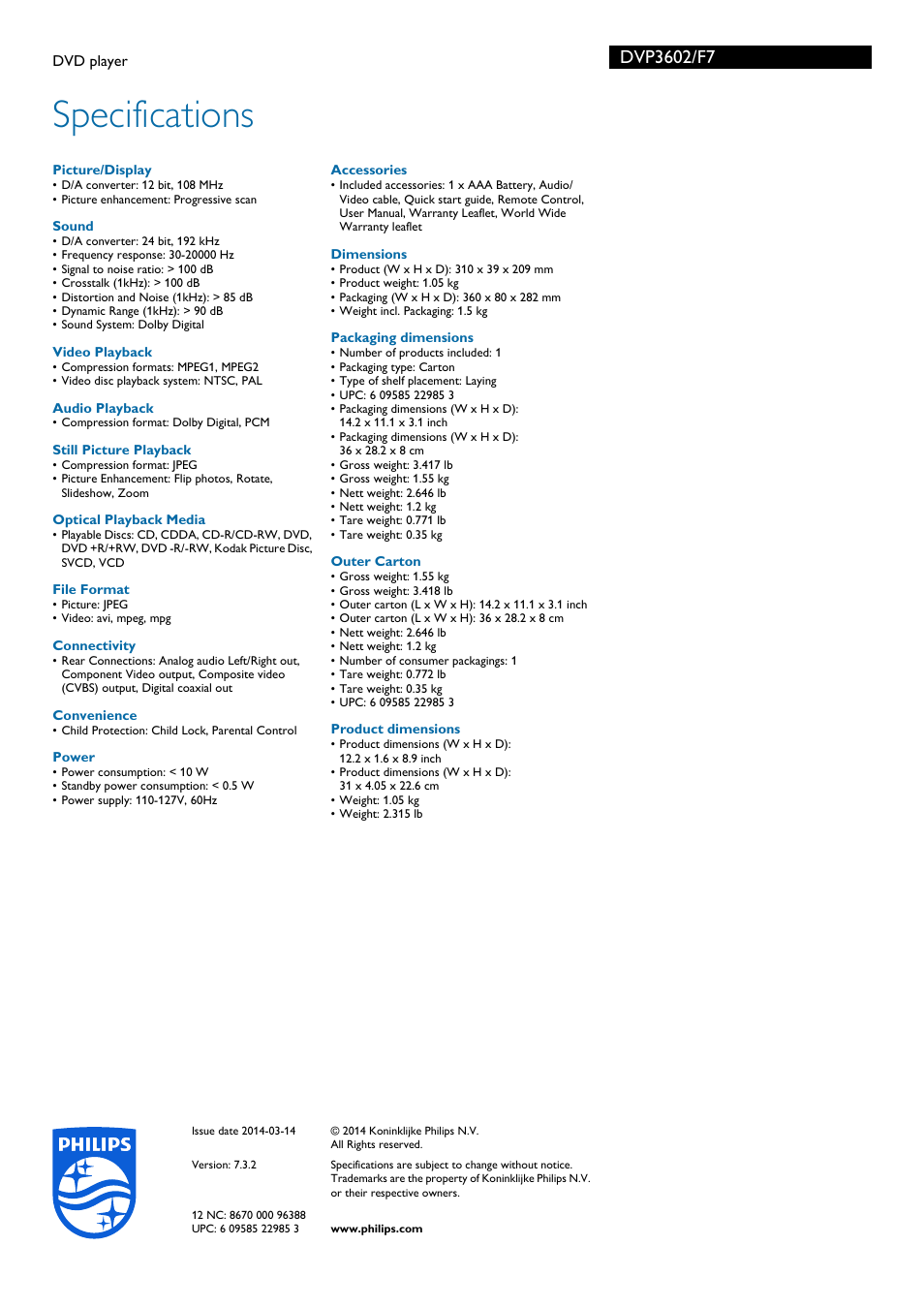 Specifications | Philips DVP3602-F7 User Manual | Page 3 / 3