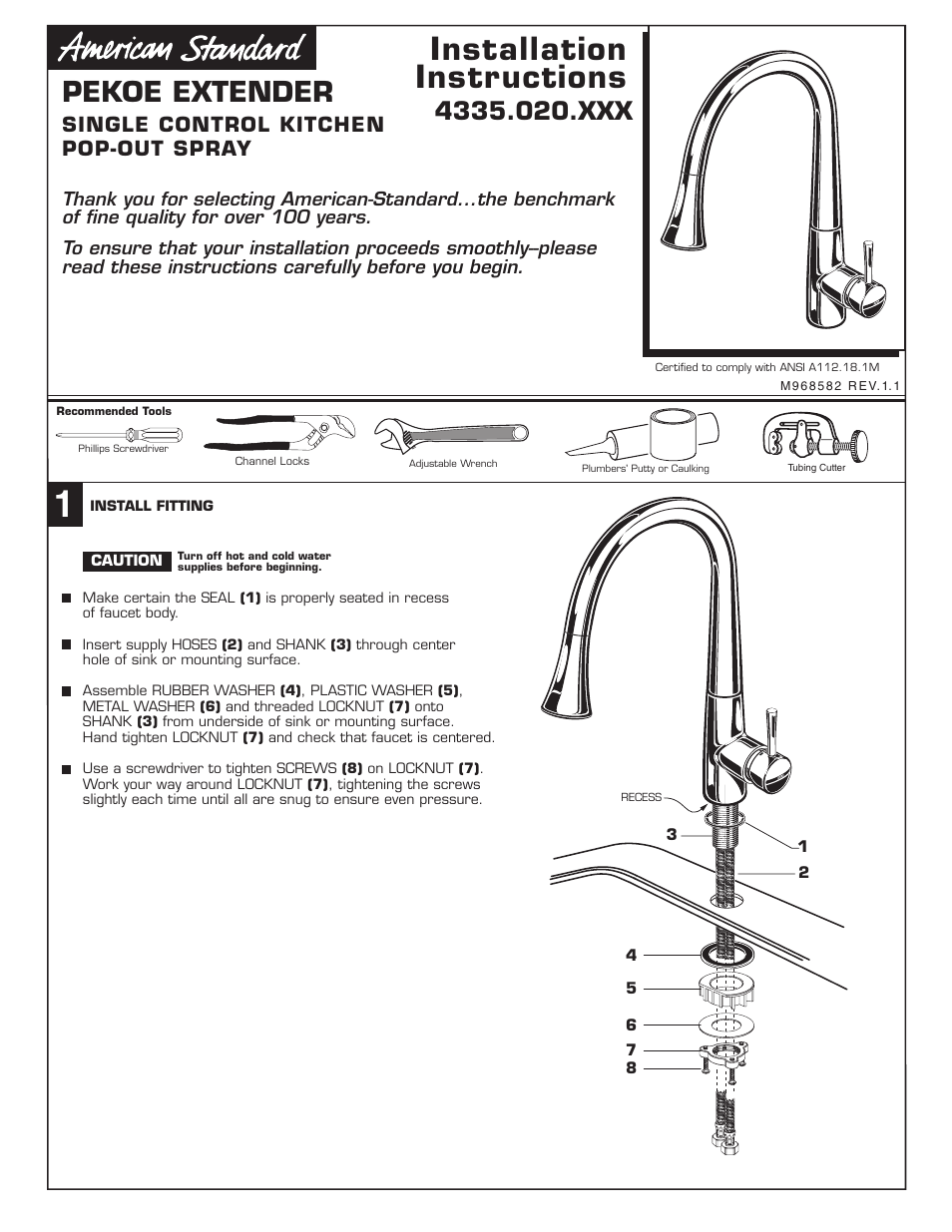 American Standard PEKOE EXTENDER M968582 User Manual | 3 pages