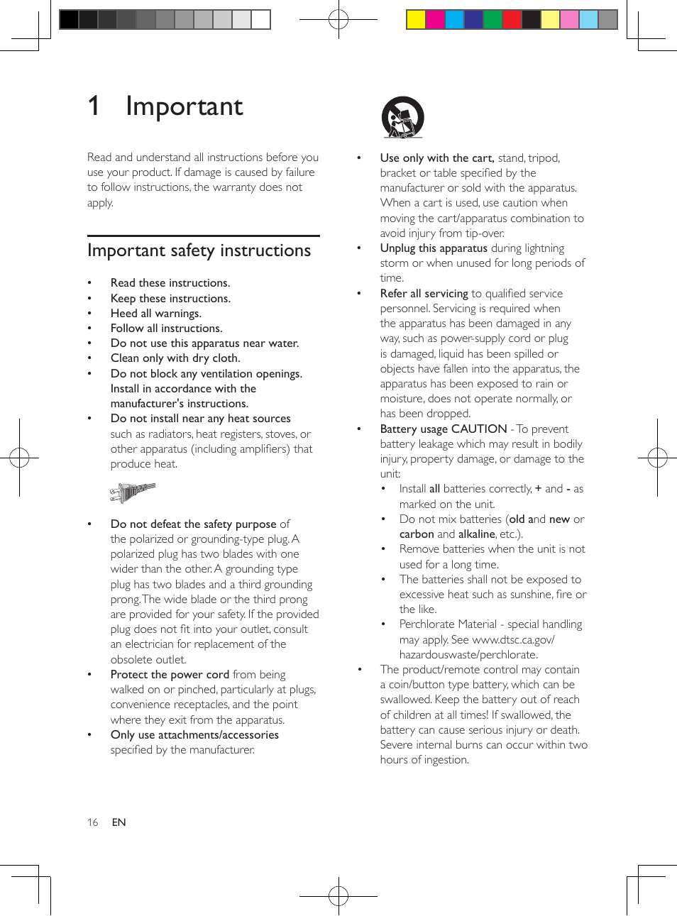 1 important, Important safety instructions | Philips HTB5544D-F7 User Manual | Page 16 / 57