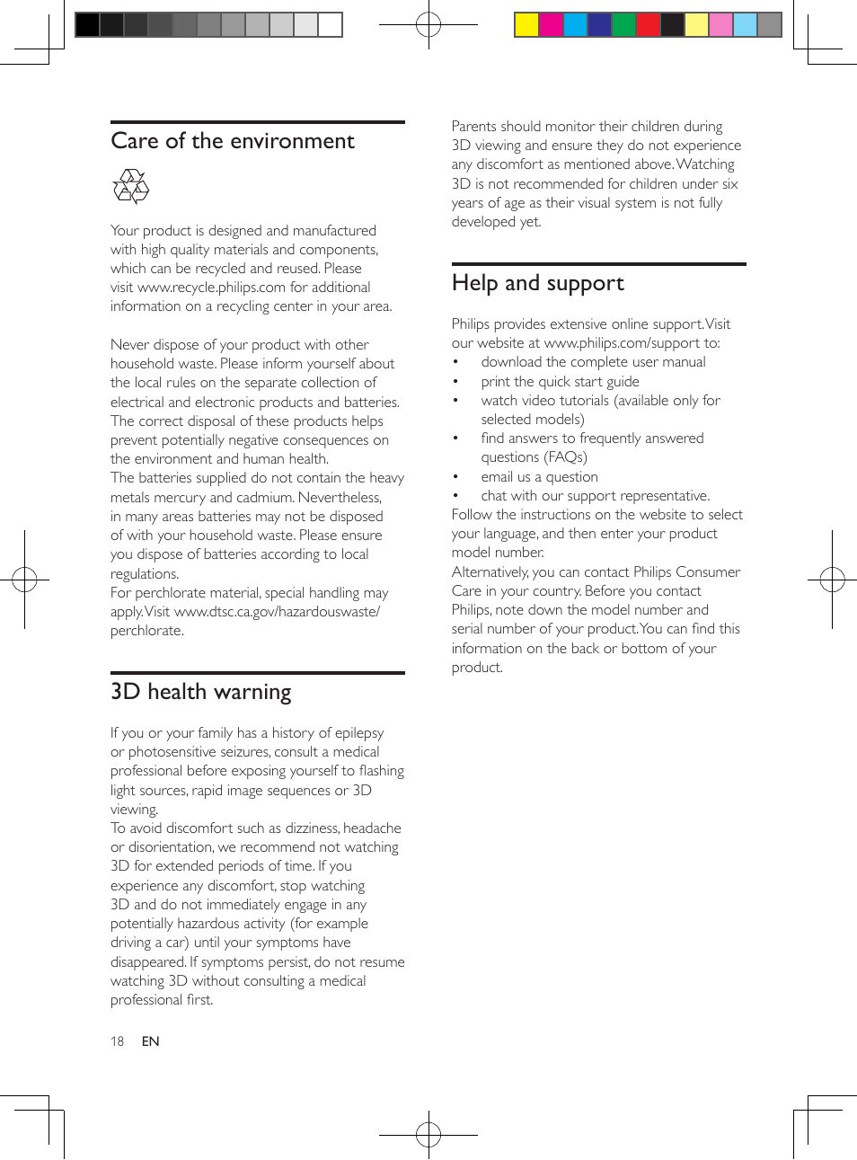 Care of the environment, 3d health warning, Help and support | Philips HTB5544D-F7 User Manual | Page 18 / 57