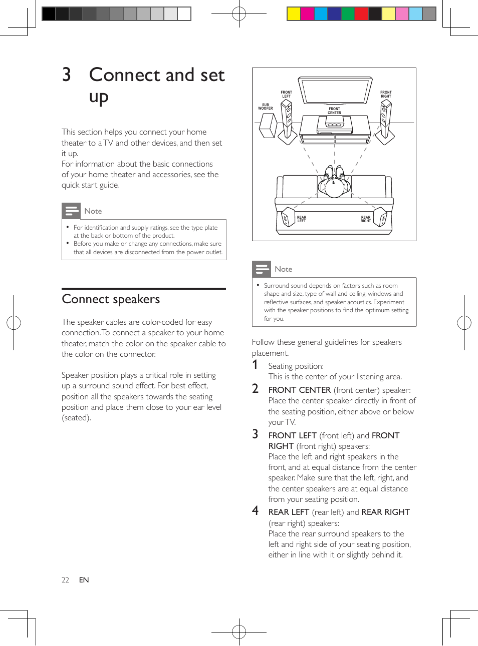 3 connect and set up, Connect speakers | Philips HTB5544D-F7 User Manual | Page 22 / 57