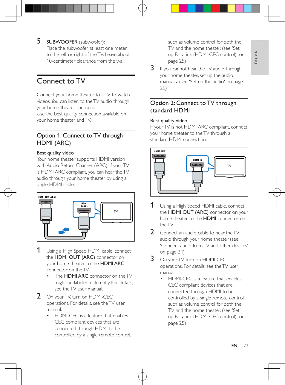 Connect to tv, Option 1: connect to tv through hdmi (arc), Option 2: connect to tv through standard hdmi | Philips HTB5544D-F7 User Manual | Page 23 / 57