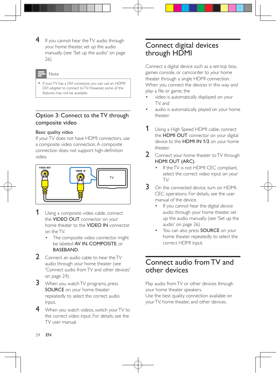 Connect digital devices through hdmi, Connect audio from tv and other devices, Connect digital devices through hdmi 24 | Connect audio from tv and other, Devices, Connect an audio cable to hear the tv, Audio through your home theater | Philips HTB5544D-F7 User Manual | Page 24 / 57