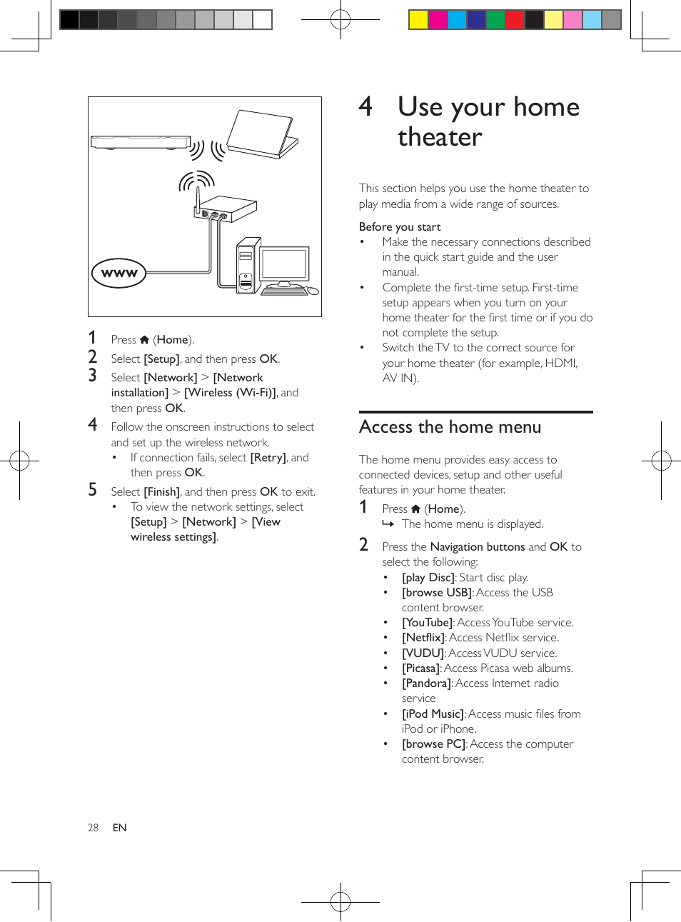 4 use your home theater, Access the home menu | Philips HTB5544D-F7 User Manual | Page 28 / 57
