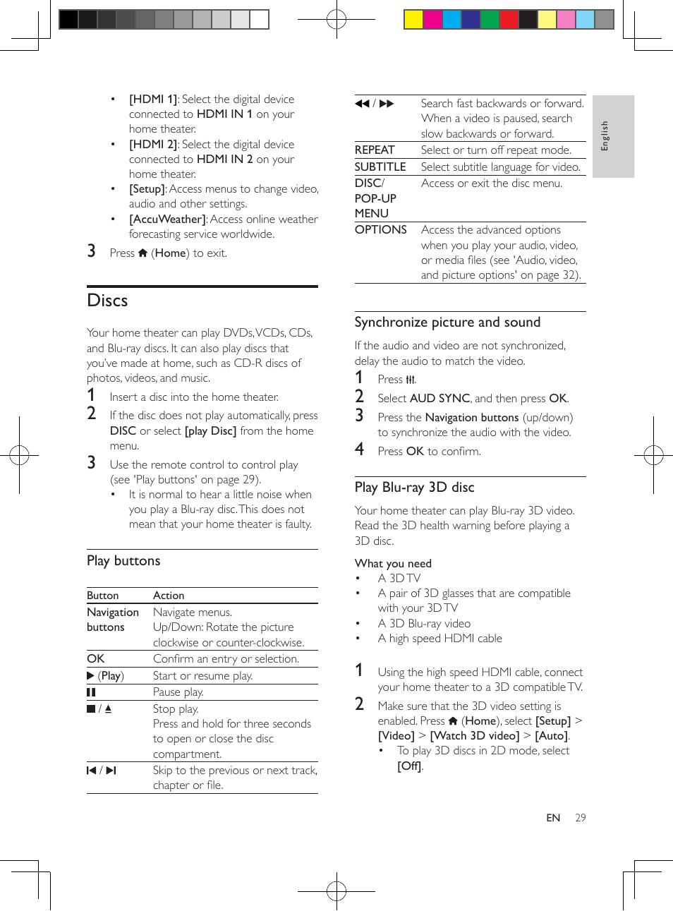 4 use your home theater, Access the home menu, Discs | Play buttons | Philips HTB5544D-F7 User Manual | Page 29 / 57