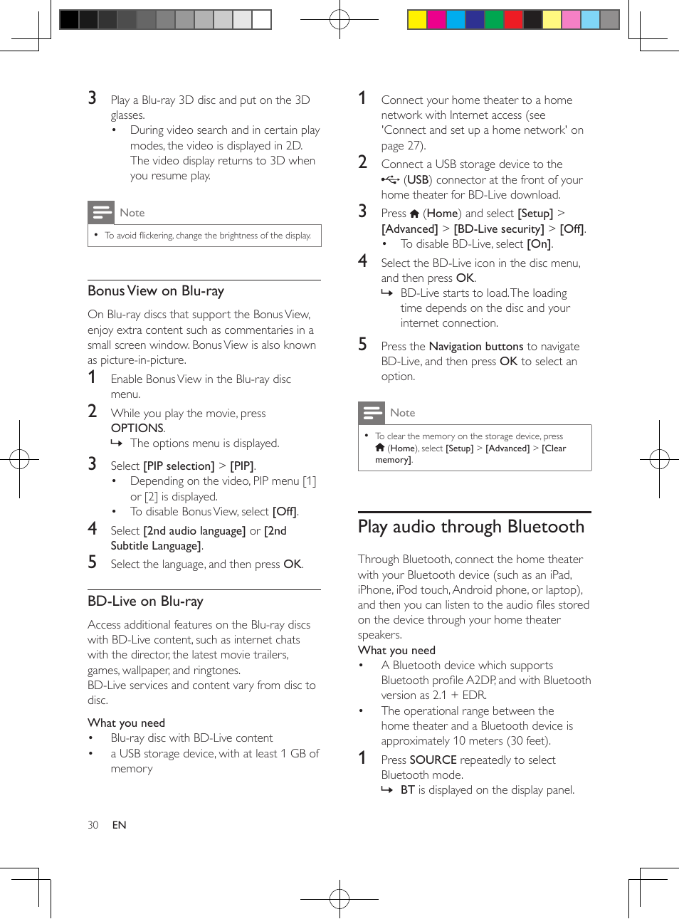 Synchronize picture and sound, Play blu-ray 3d disc, Bonus view on blu-ray | Bd-live on blu-ray, Play audio through bluetooth, Bd live applications | Philips HTB5544D-F7 User Manual | Page 30 / 57
