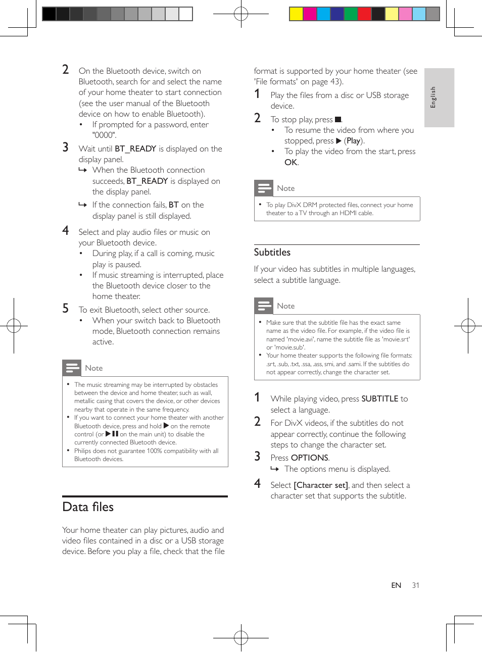 Play audio through bluetooth, Data files, Subtitles | Philips HTB5544D-F7 User Manual | Page 31 / 57