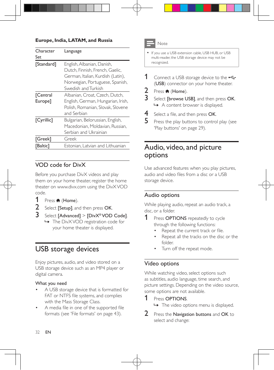 Subtitles, Europe, india, latam, and russia, Vod code for divx | Usb storage devices, Audio, video, and picture options, Access the advanced options, When you play your audio, video, Or media files (see 'audio | Philips HTB5544D-F7 User Manual | Page 32 / 57