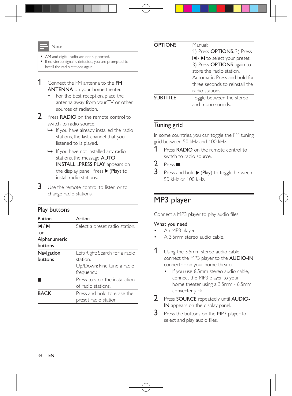 Musical slideshow, Radio, Play buttons | Tuning grid, Mp3 player | Philips HTB5544D-F7 User Manual | Page 34 / 57