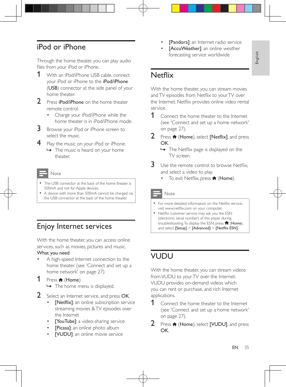 Mp3 player, Ipod or iphone, Enjoy internet services | Netflix, Vudu, Enjoy internet services (see 'enjo | Philips HTB5544D-F7 User Manual | Page 35 / 57