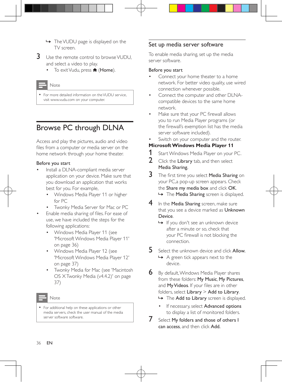 Vudu, Browse pc through dlna, Set up media server software | Microsoft windows media player 11, Streamed multimedia content (see 'bro | Philips HTB5544D-F7 User Manual | Page 36 / 57