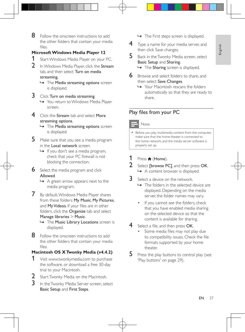 Microsoft windows media player 12, Macintosh os x twonky media (v4.4.2), Windows media player 12 | Twonky media for mac (see 'macintosh | Philips HTB5544D-F7 User Manual | Page 37 / 57