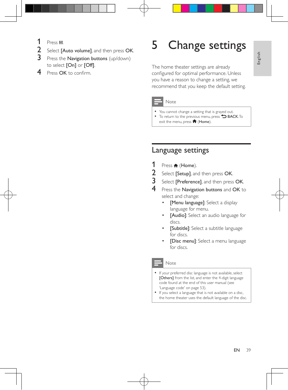 Equalizer, Auto volume, 5 change settings | Language settings, Language settings 1 | Philips HTB5544D-F7 User Manual | Page 39 / 57