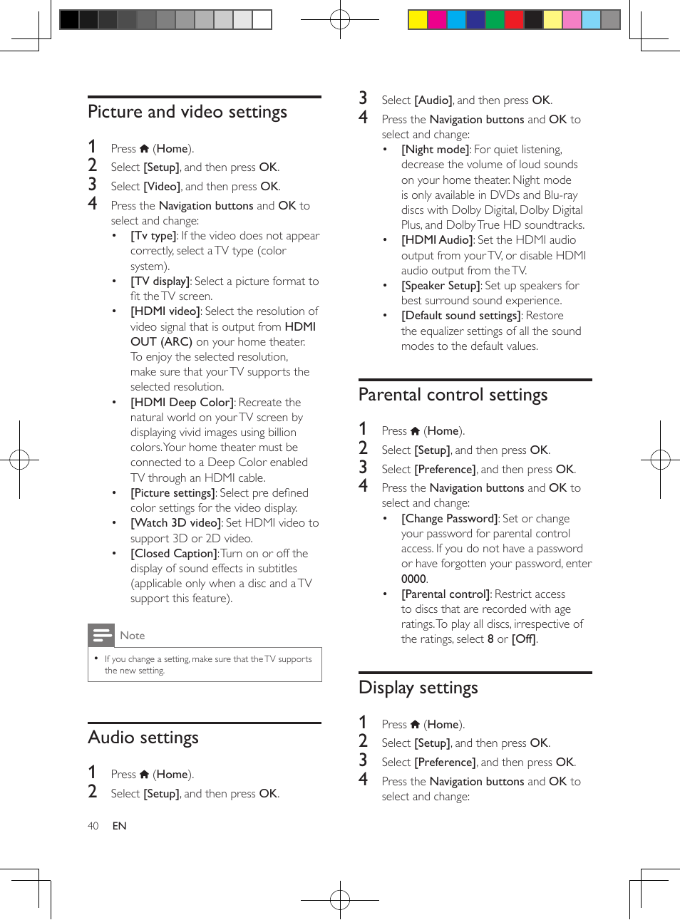 5 change settings, Language settings, Picture and video settings | Audio settings, Parental control settings, Display settings, Picture and video settings 1, Audio settings 1, Parental control settings 1, Display settings 1 | Philips HTB5544D-F7 User Manual | Page 40 / 57