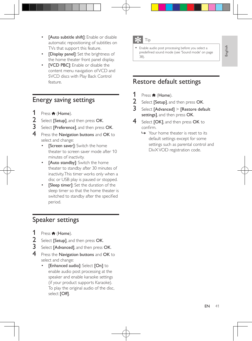 Parental control settings, Display settings, Energy saving settings | Speaker settings, Restore default settings, Energy saving settings 1, Speaker settings 1, Restore default settings 1 | Philips HTB5544D-F7 User Manual | Page 41 / 57