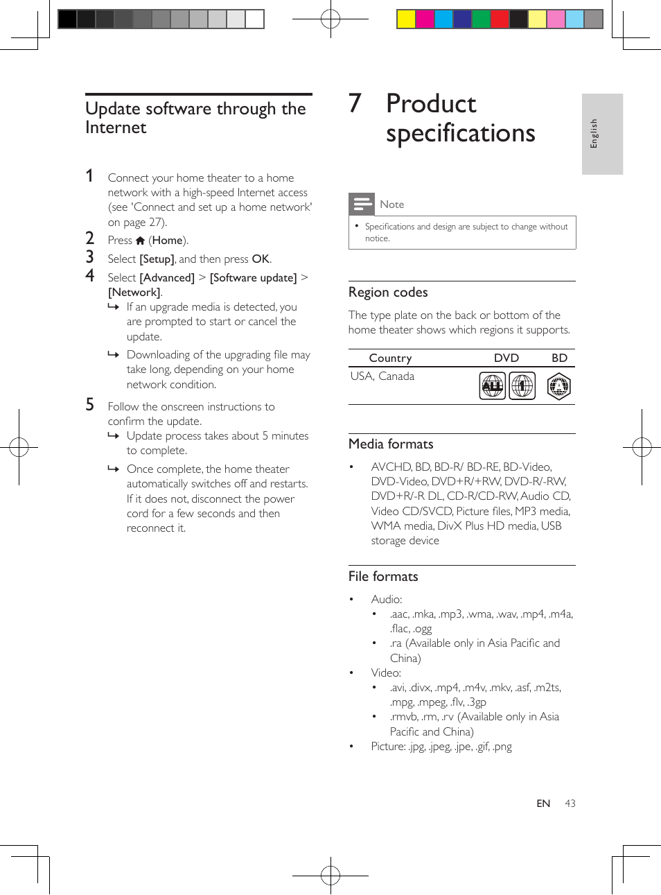 6 update software, Check software version, Update software through usb | Step 1: download the latest software, Step 2: update the software, Update software through the internet, 7 product specifications, Update software through the internet 43, Software update, A media file in one of the supported file | Philips HTB5544D-F7 User Manual | Page 43 / 57