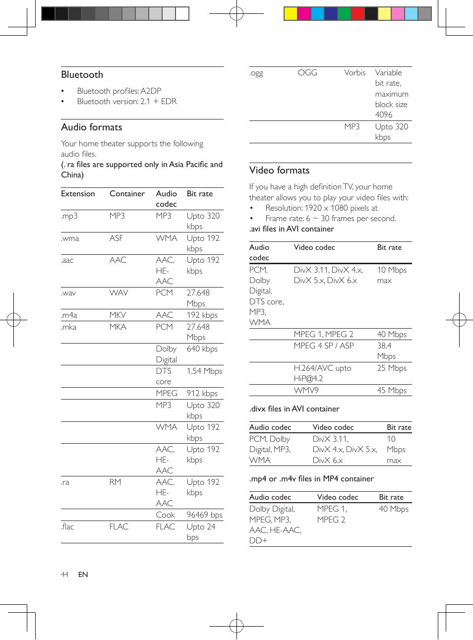 Update software through the internet, Bluetooth, Audio formats | Video formats | Philips HTB5544D-F7 User Manual | Page 44 / 57