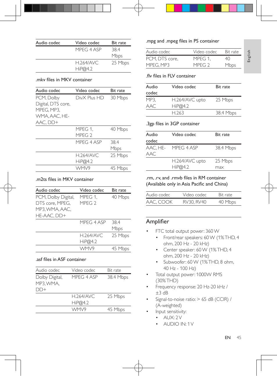 Region codes, Media formats, File formats | Bluetooth, Audio formats, 7 product specifications, Amplifier | Philips HTB5544D-F7 User Manual | Page 45 / 57