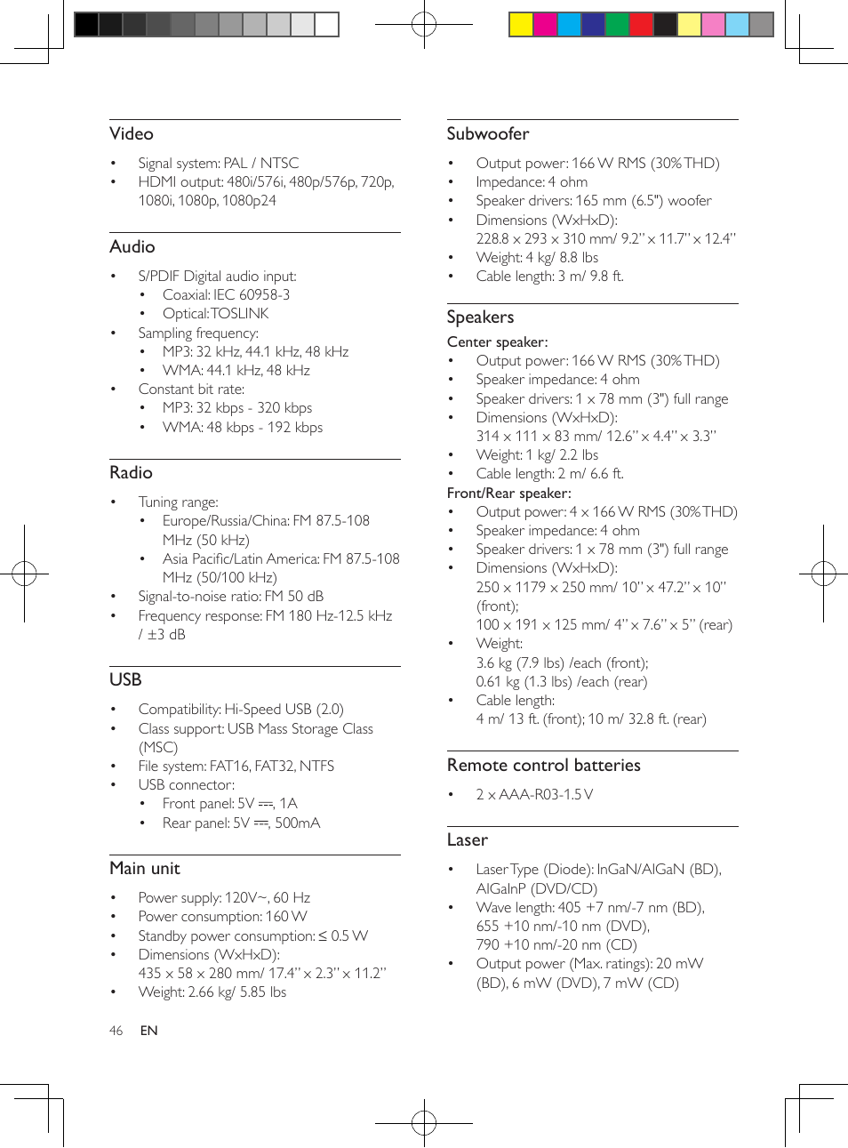 Video formats, Video, Audio | Radio, Main unit, Subwoofer, Speakers, Remote control batteries, Laser | Philips HTB5544D-F7 User Manual | Page 46 / 57