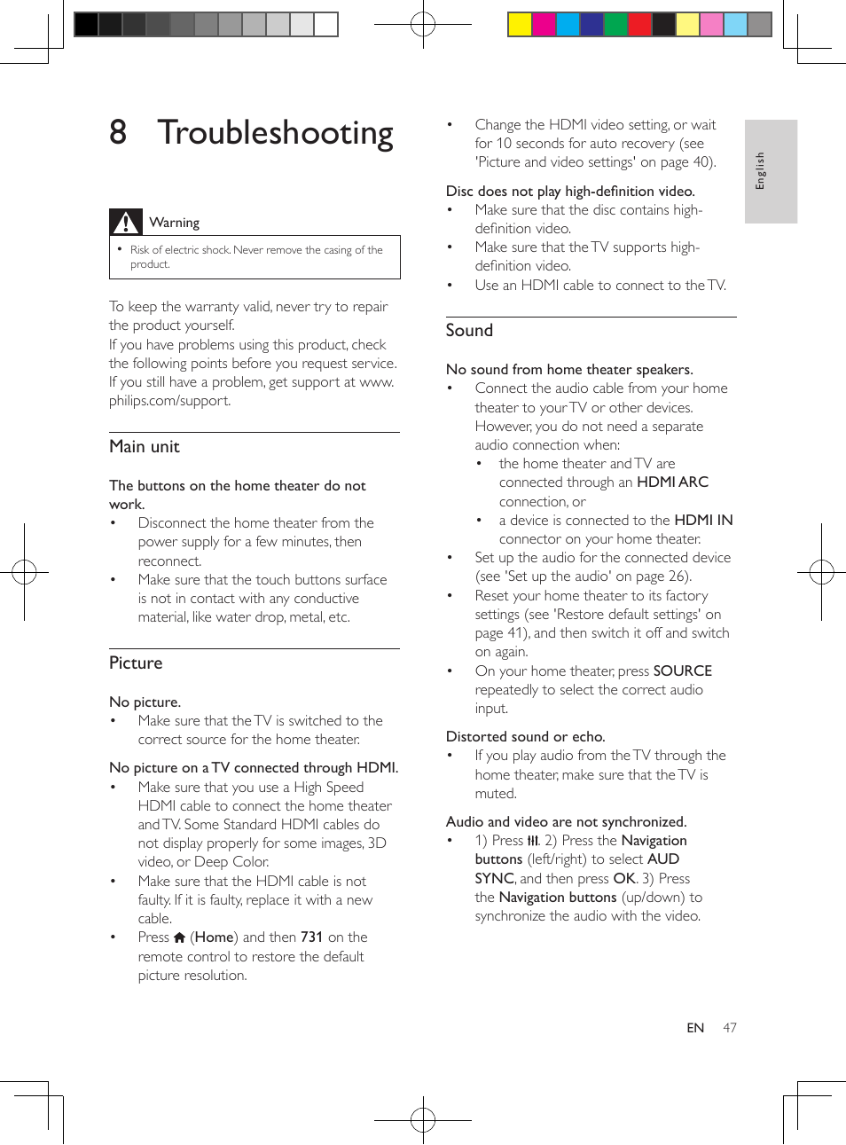 Amplifier, Video, Audio | Radio, Main unit, 8 troubleshooting, Picture, Sound | Philips HTB5544D-F7 User Manual | Page 47 / 57