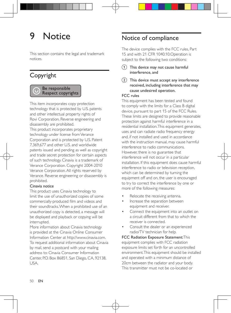 9 notice, Copyright, Notice of compliance | Philips HTB5544D-F7 User Manual | Page 50 / 57