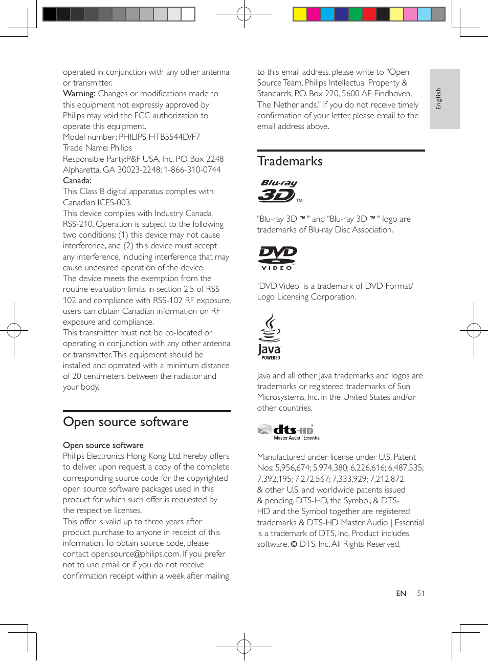 Bluetooth, Network, Open source software | Trademarks | Philips HTB5544D-F7 User Manual | Page 51 / 57