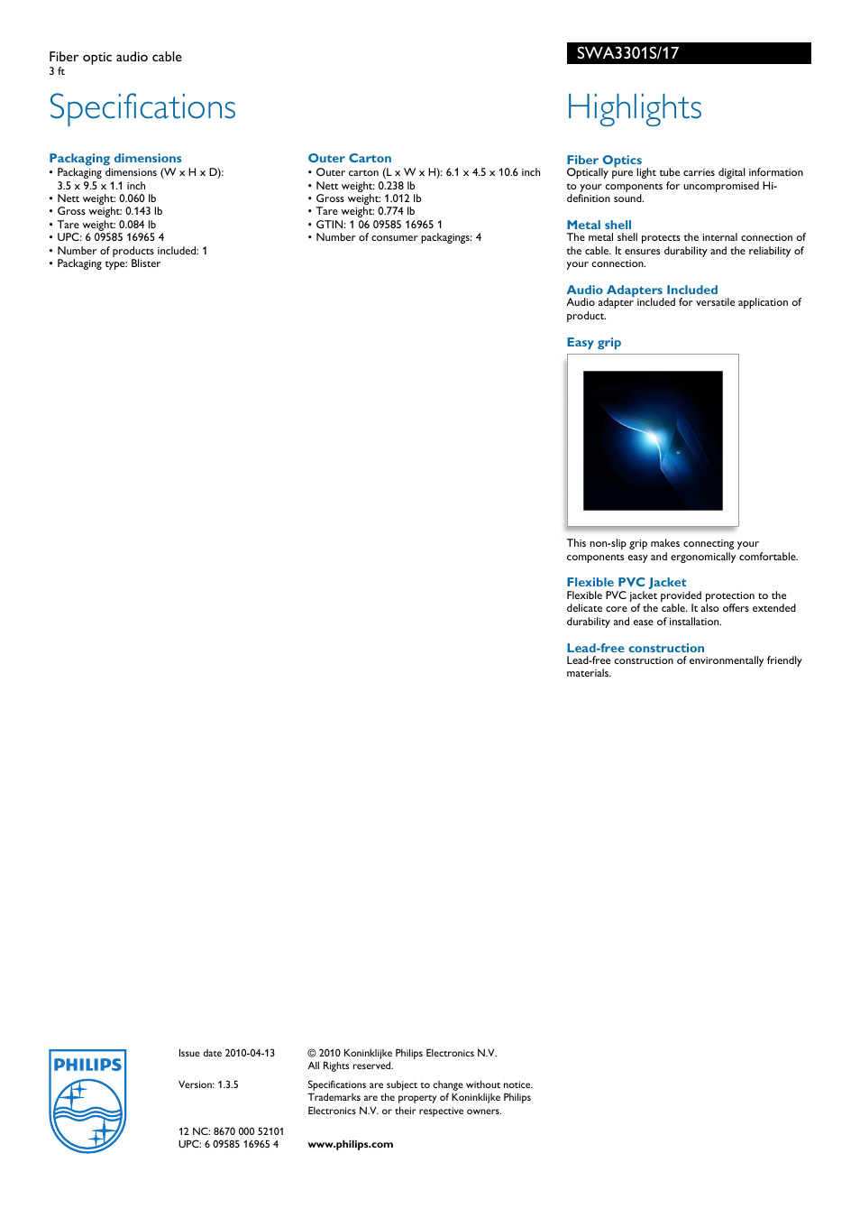 Specifications, Highlights | Philips SWA3301S-17 User Manual | Page 2 / 2