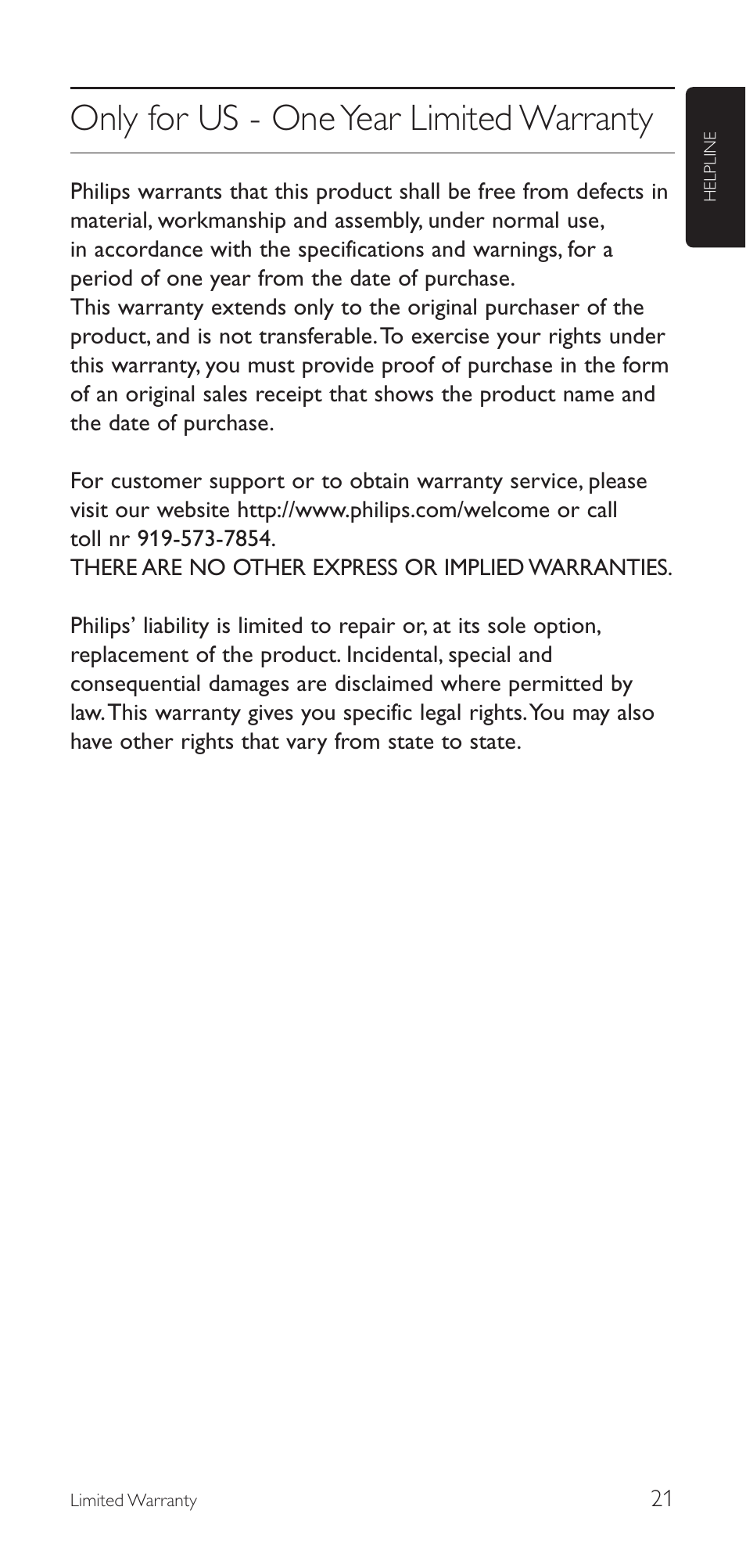 Only for us - one year limited warranty | Philips SRU8112-27 User Manual | Page 21 / 22