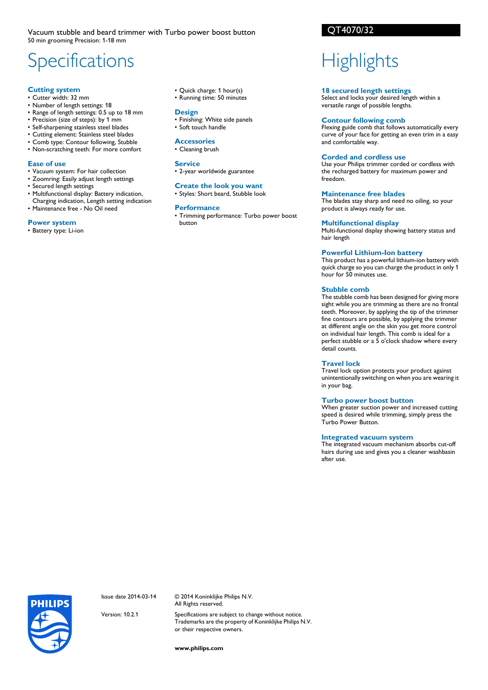 Specifications, Highlights | Philips QT4070-32 User Manual | Page 2 / 2