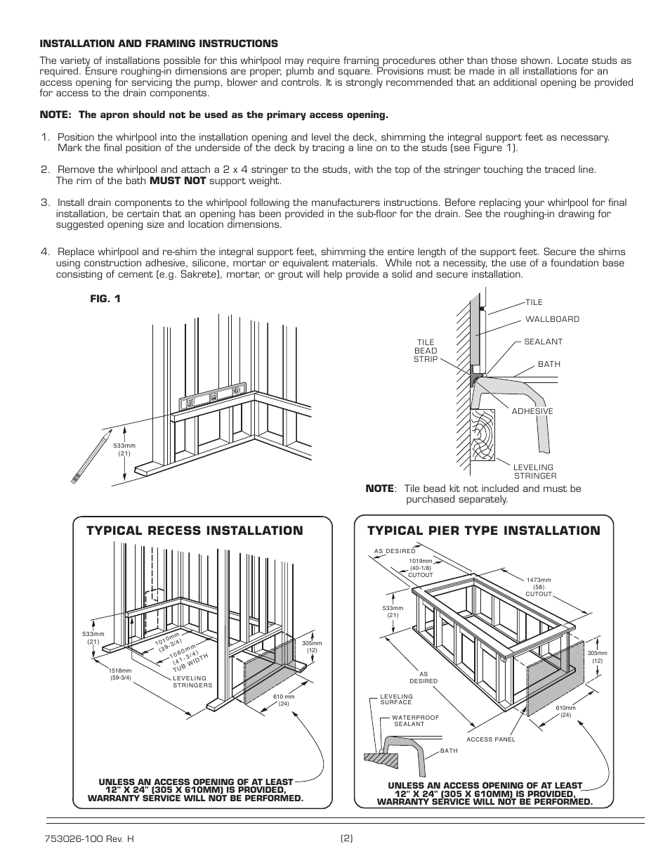 Typical recess installation, Typical pier type installation | American Standard TOWN SQUARE 2748.XXXX User Manual | Page 2 / 4