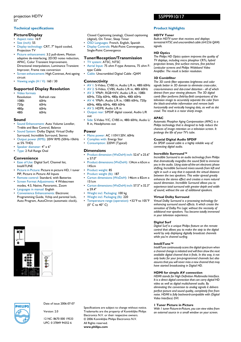 For preview purpose only | Philips 55PP9910-17 User Manual | Page 2 / 2