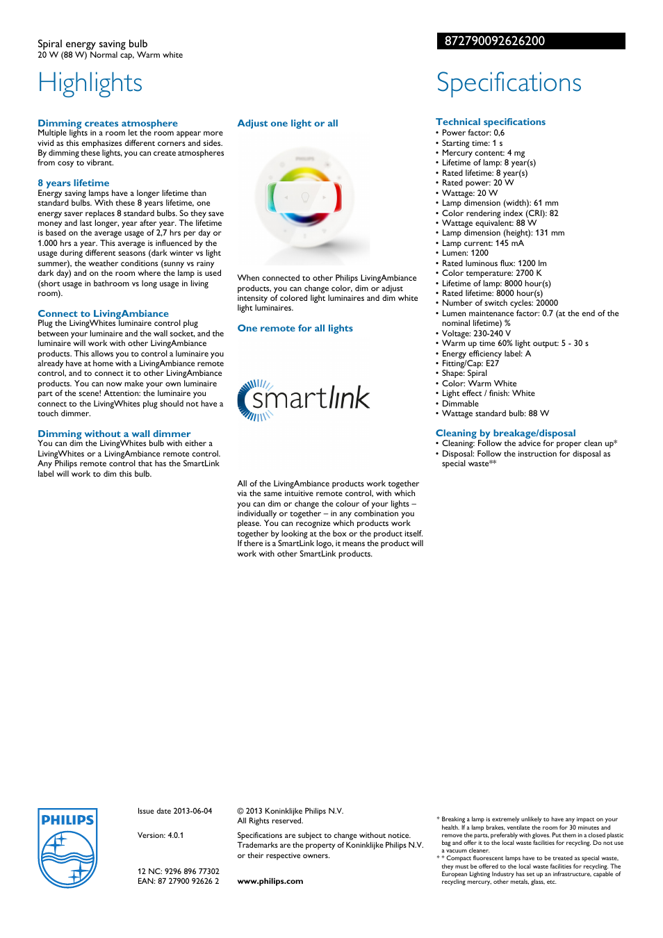Highlights, Specifications | Philips 872790092626200 User Manual | Page 2 / 2
