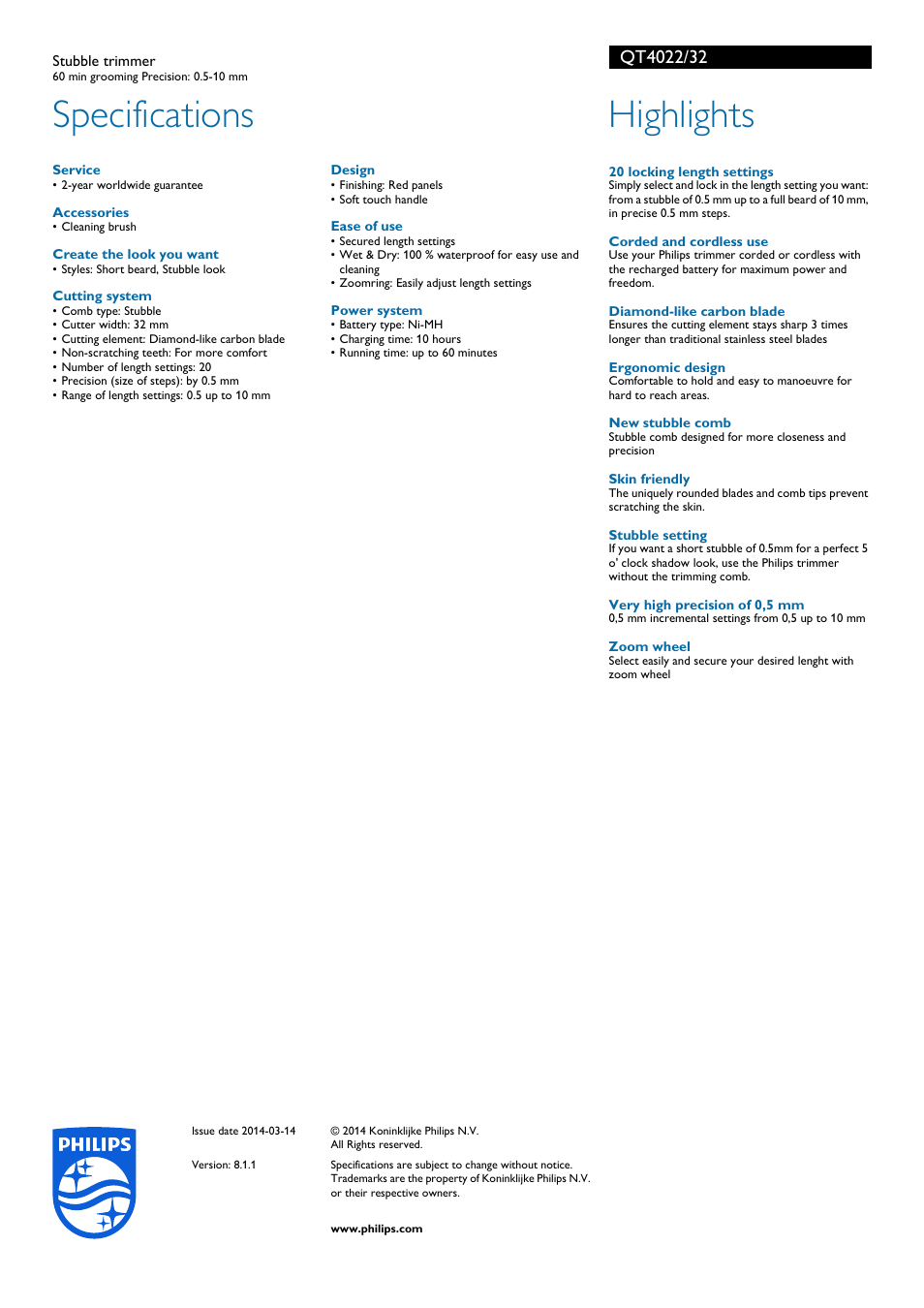 Specifications, Highlights | Philips QT4022-32 User Manual | Page 2 / 2