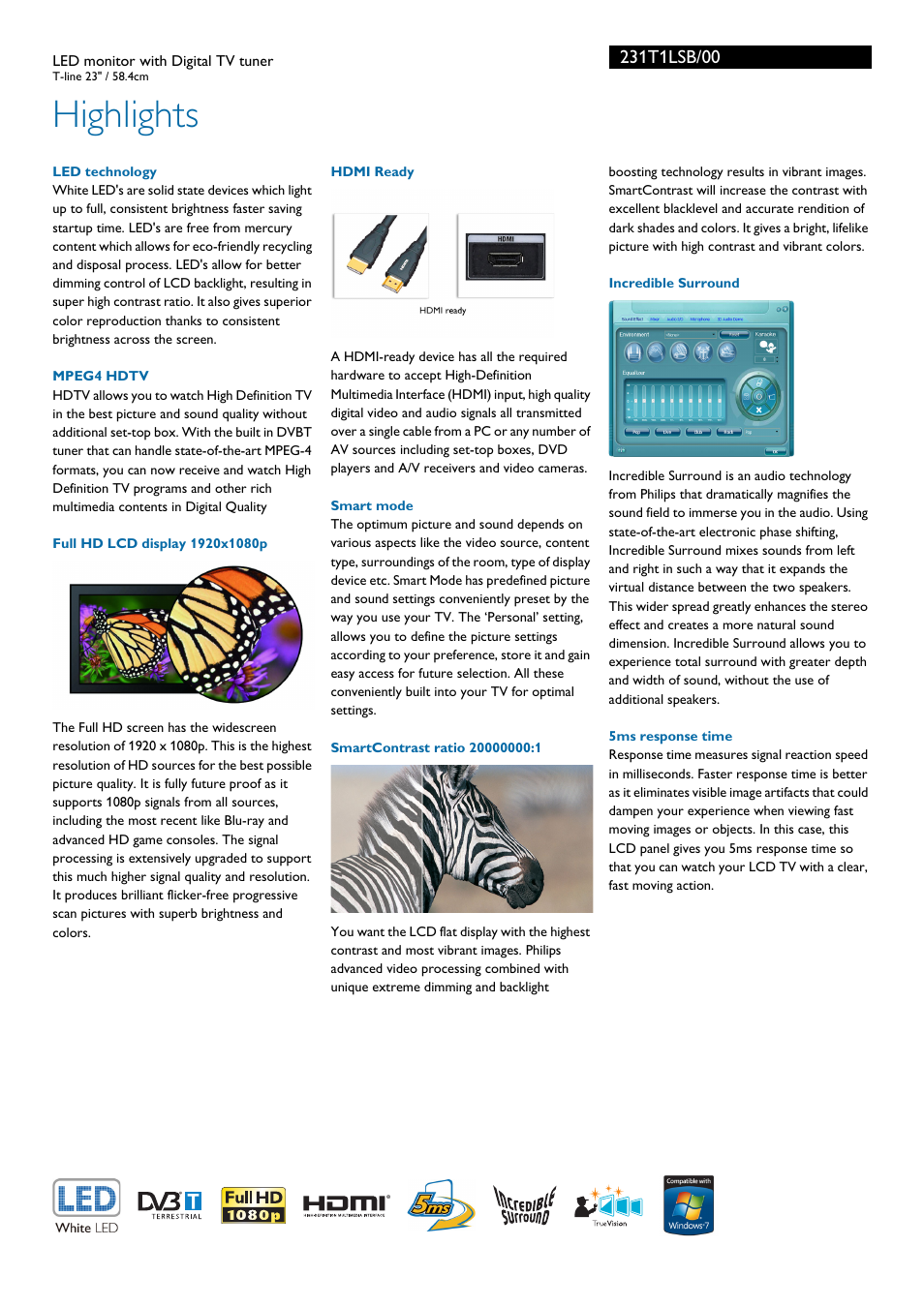 Highlights | Philips 231T1LSB-00 User Manual | Page 2 / 3