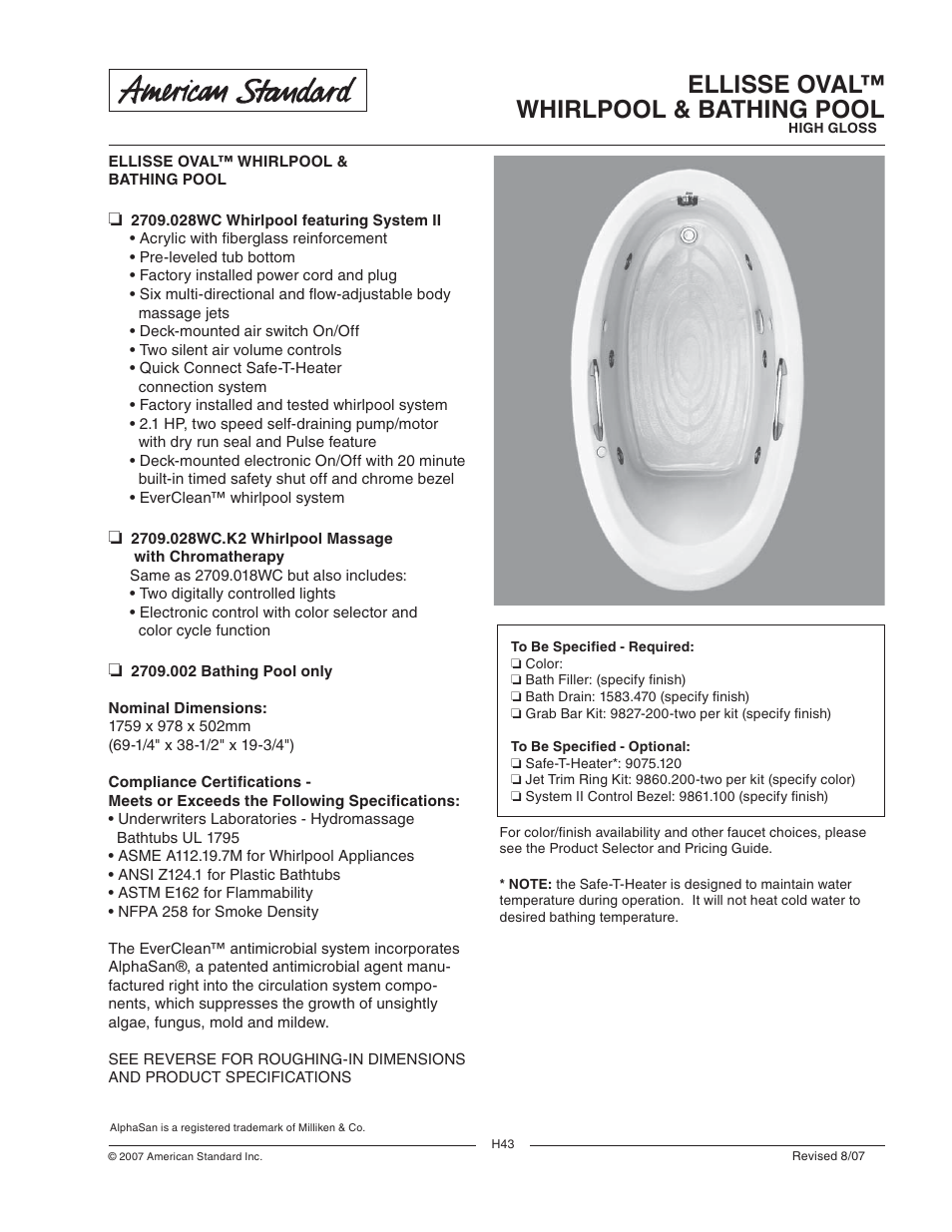 American Standard Ellisse Oval Whirlpool and Bathing Pool 2709.028WC User Manual | 2 pages