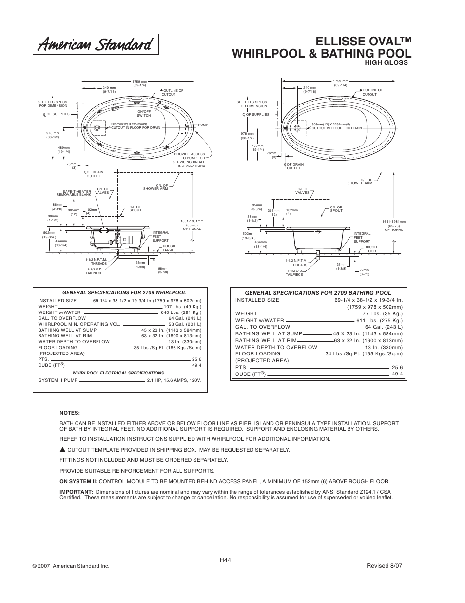 Ellisse oval™ whirlpool & bathing pool, High gloss, Revised 8/07 | General specifications for 2709 bathing pool | American Standard Ellisse Oval Whirlpool and Bathing Pool 2709.028WC User Manual | Page 2 / 2