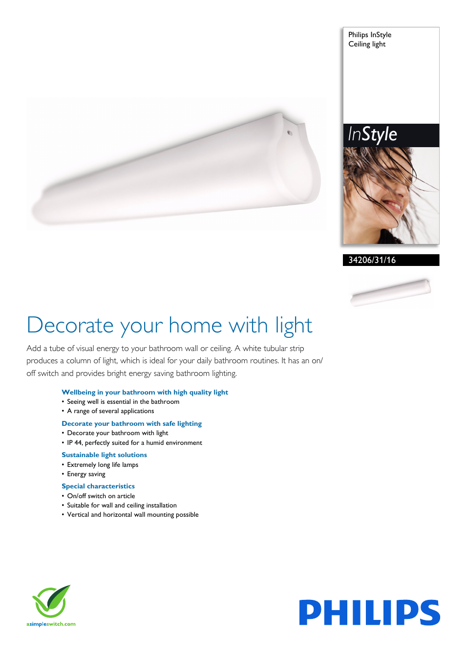 Philips InStyle Ceiling light 34206-31-16 Tubo white User Manual | 2 pages