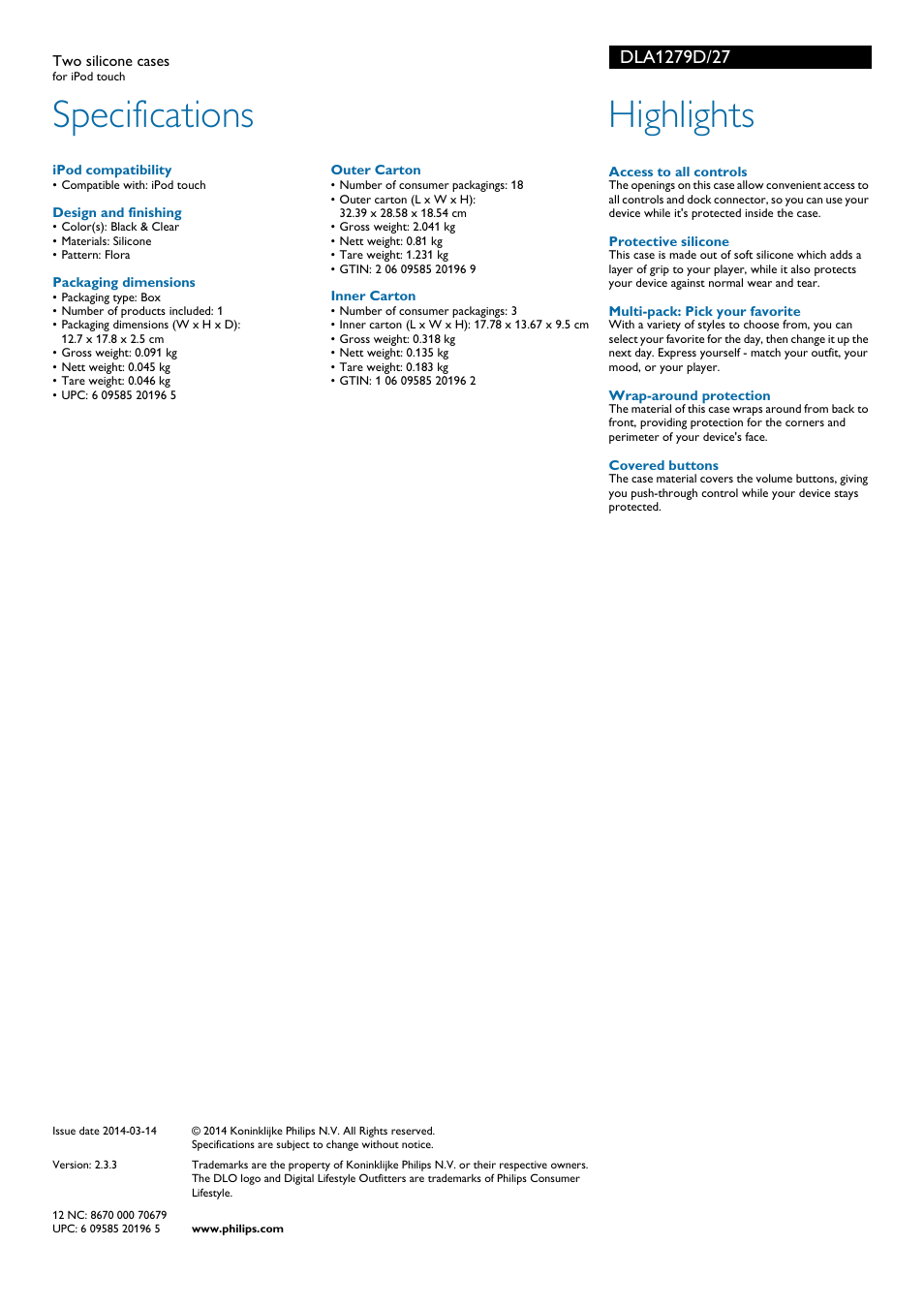 Specifications, Highlights | Philips DLA1279D-27 User Manual | Page 2 / 2