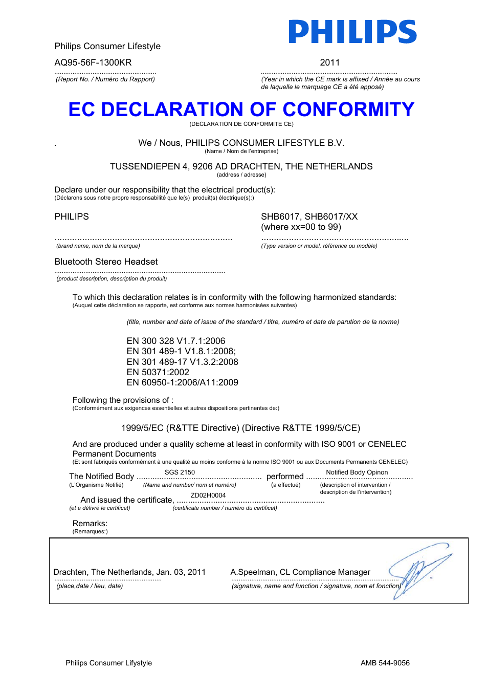 Ec declaration of conformity | Philips SHB6017-28 User Manual | Page 11 / 12