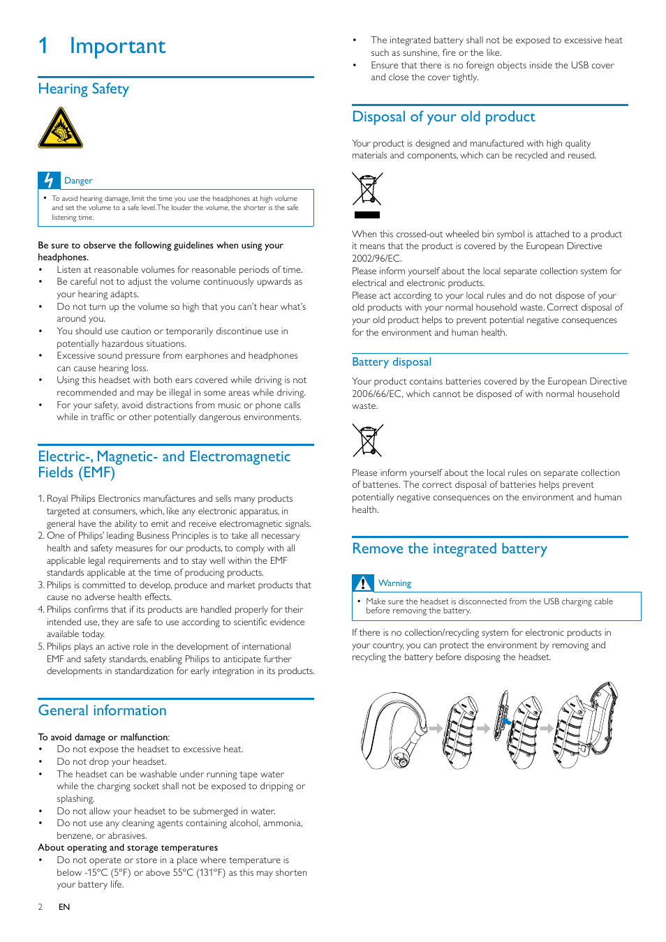 1 important, Hearing safety, General information | Disposal of your old product, Battery disposal, Remove the integrated battery | Philips SHB6017-28 User Manual | Page 3 / 12