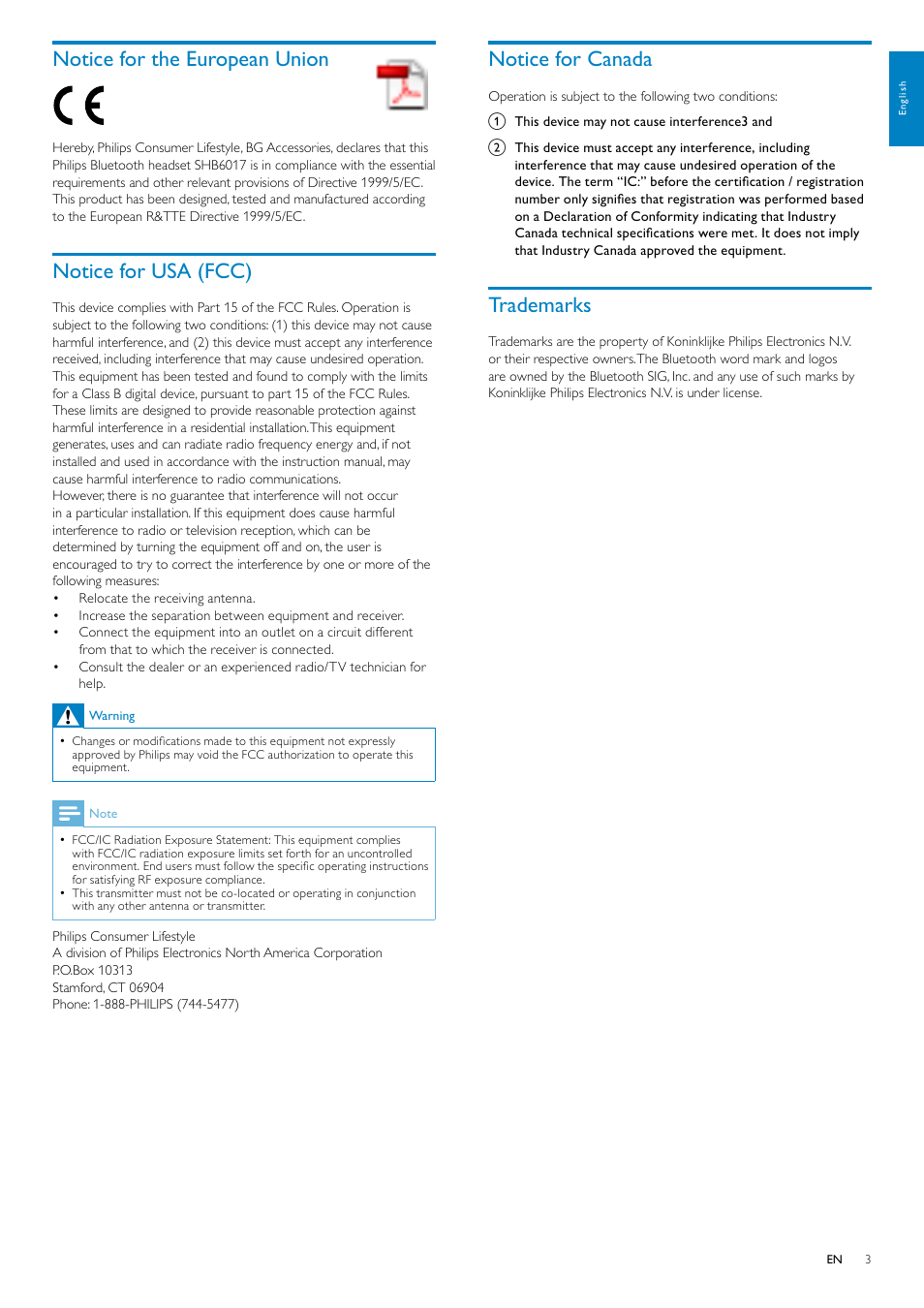 Notice for the european union, Notice for usa (fcc), Notice for canada | Trademarks | Philips SHB6017-28 User Manual | Page 4 / 12