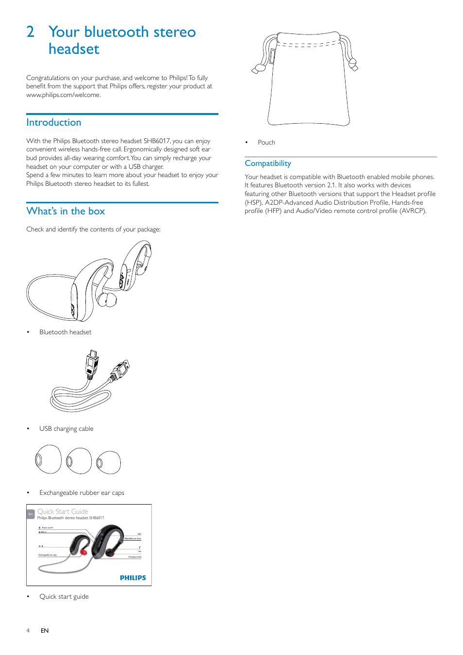 2 your bluetooth stereo headset, Introduction, What’s in the box | Compatibility | Philips SHB6017-28 User Manual | Page 5 / 12