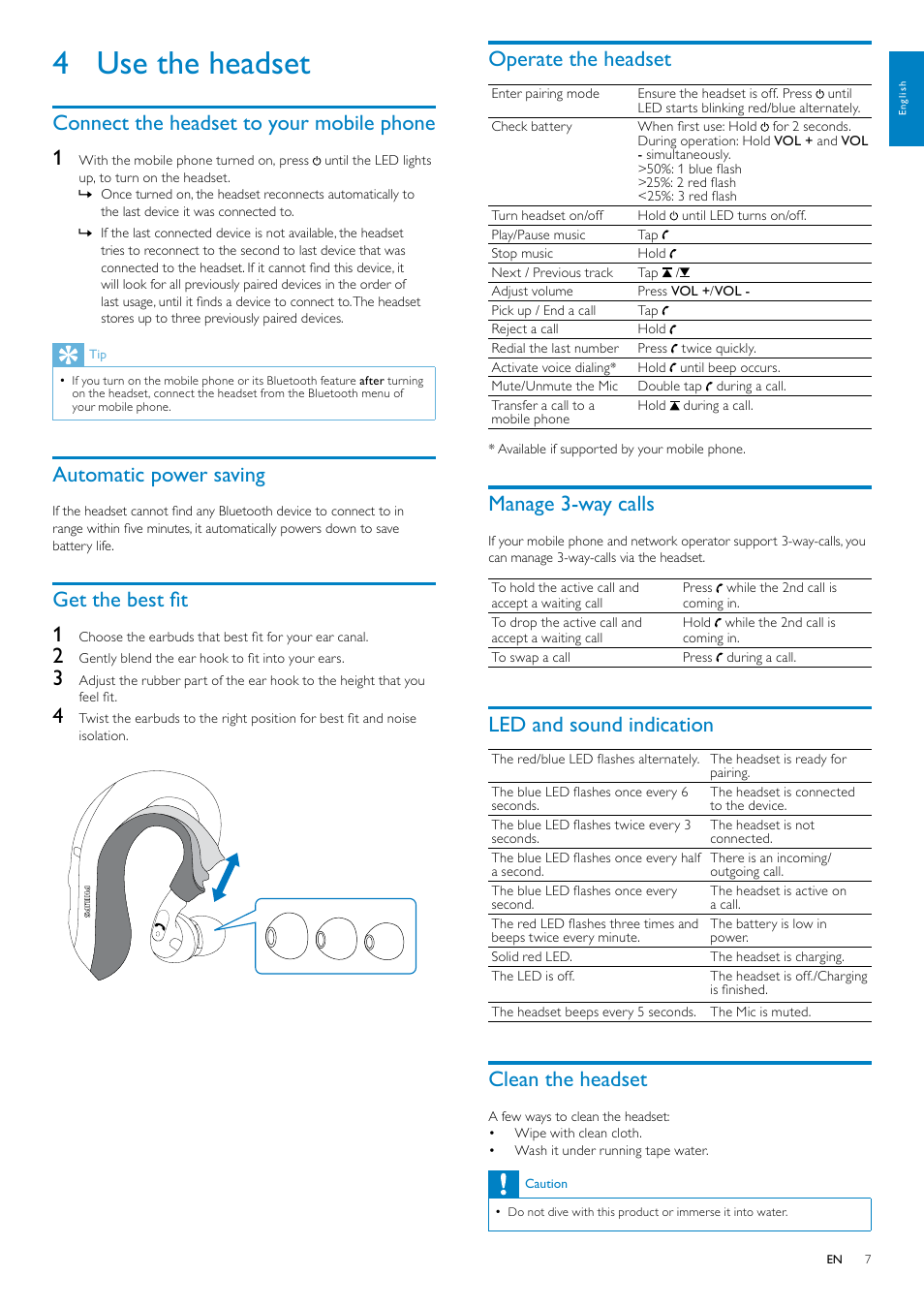 4 use the headset, Connect the headset to your mobile phone, Automatic power saving | Get the best fit, Operate the headset, Manage 3-way calls, Led and sound indication, Clean the headset, Connect the headset to your mobile phone 1, Get the best fit 1 | Philips SHB6017-28 User Manual | Page 8 / 12