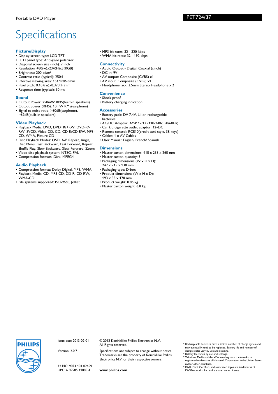 Specifications | Philips PET724-37B User Manual | Page 3 / 3